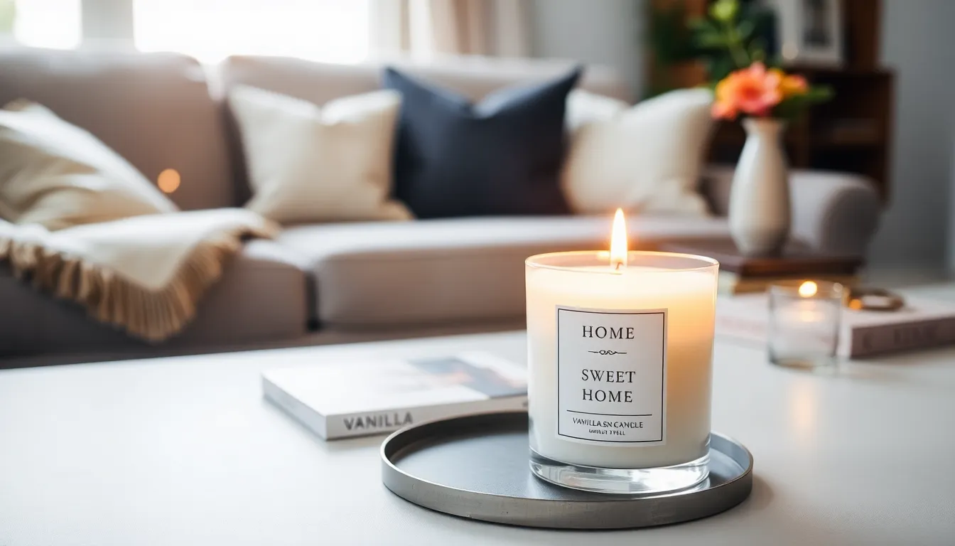 cozy living room with a home sweet home candle on a coffee table.