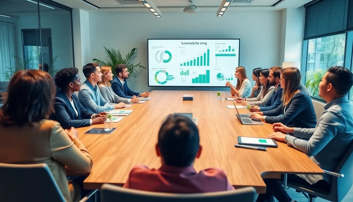 professionals discussing sustainable living solutions in a modern office.