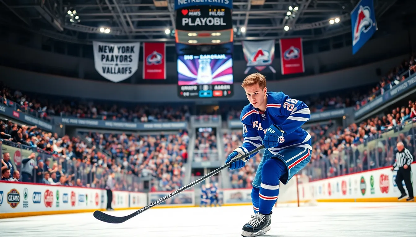 A focused player in a Rangers jersey maneuvers a puck during an intense hockey game.