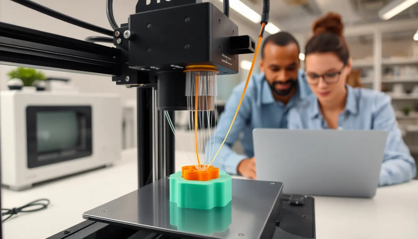 3D printer with stringing effects and engineers analyzing prints.