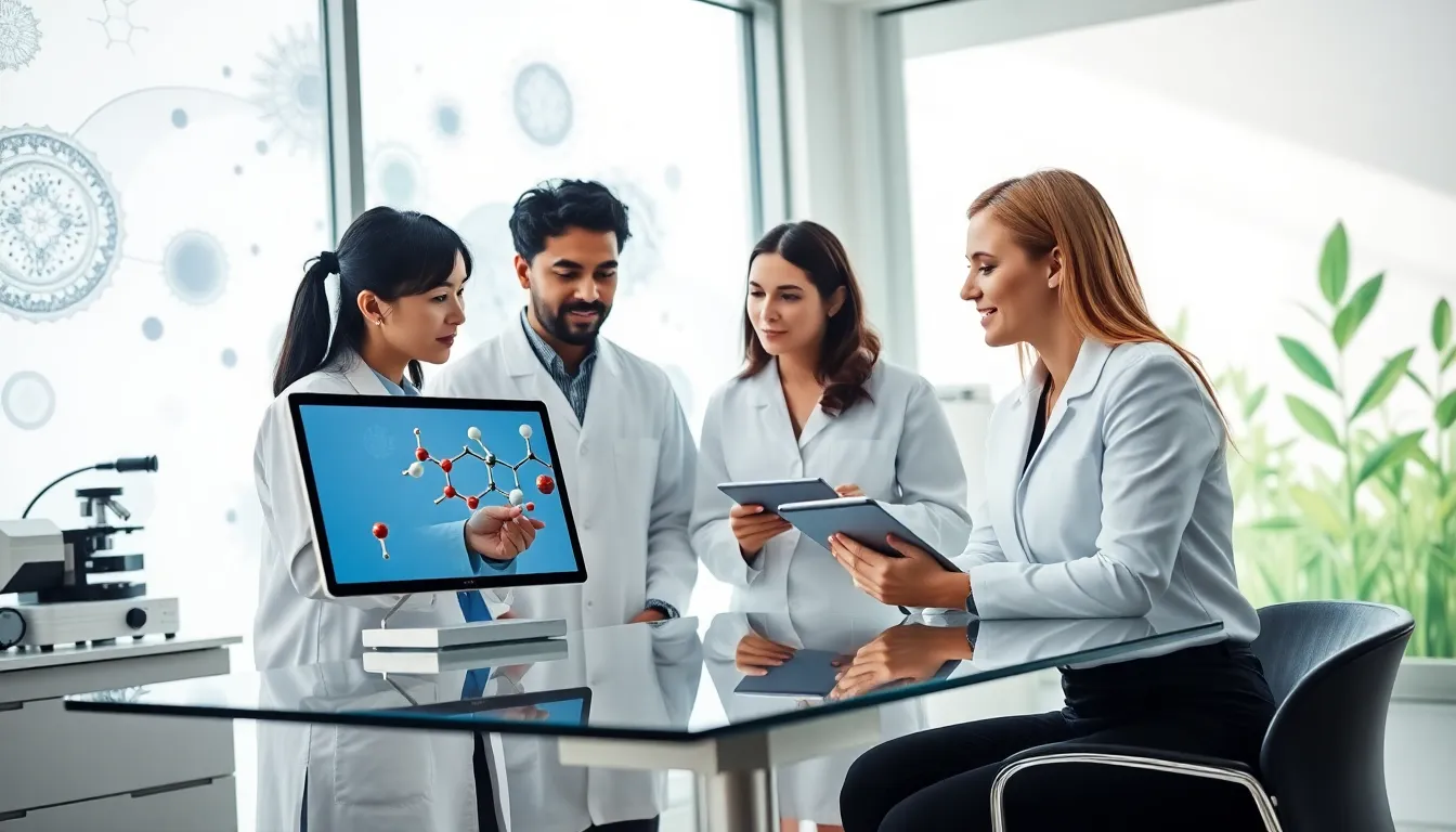 scientists discussing the bioactive compound Fredinichol in a modern lab.