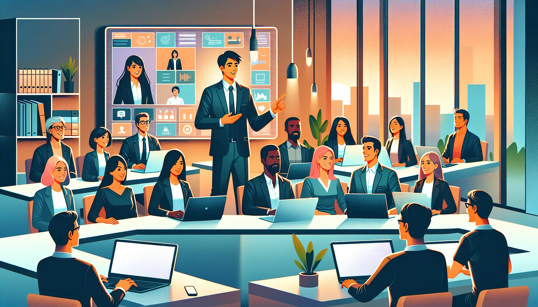 diverse professionals engaged in an online webinar discussion.