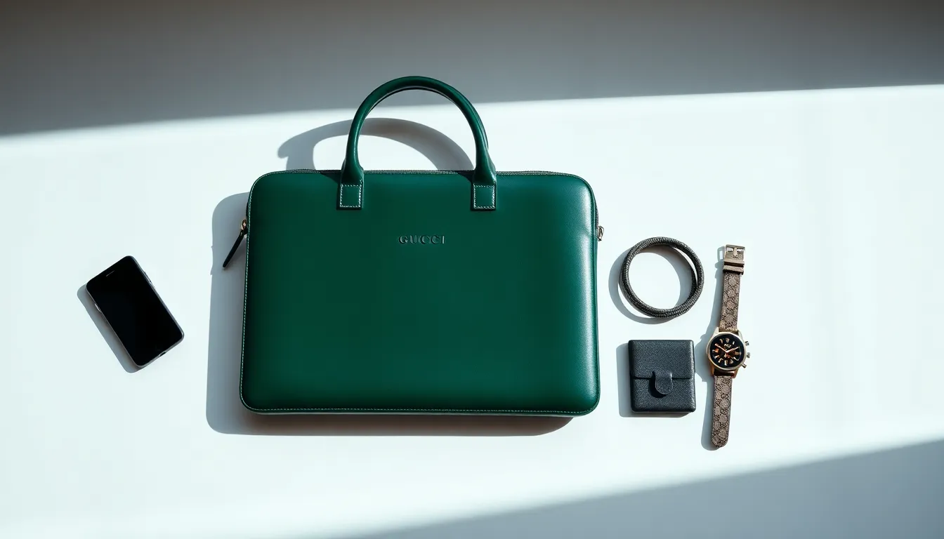 variety of luxury Gucci tech accessories on a modern surface.