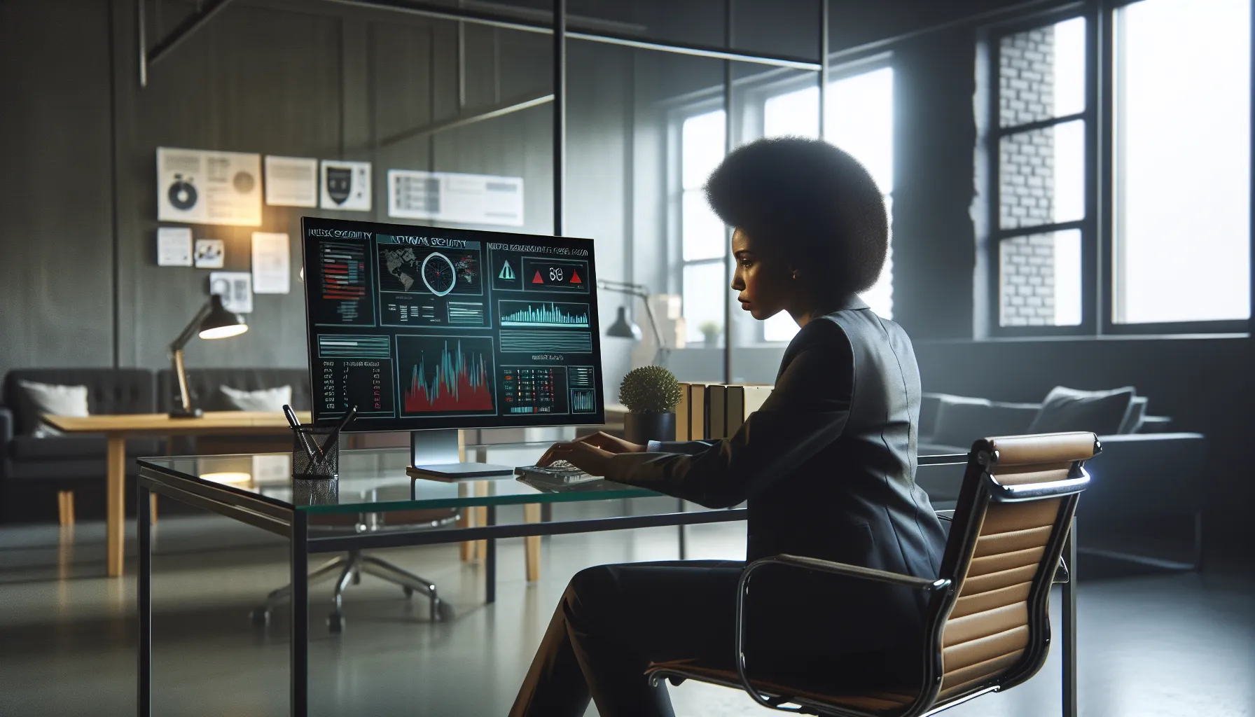 cybersecurity professional monitoring network security in a modern office.