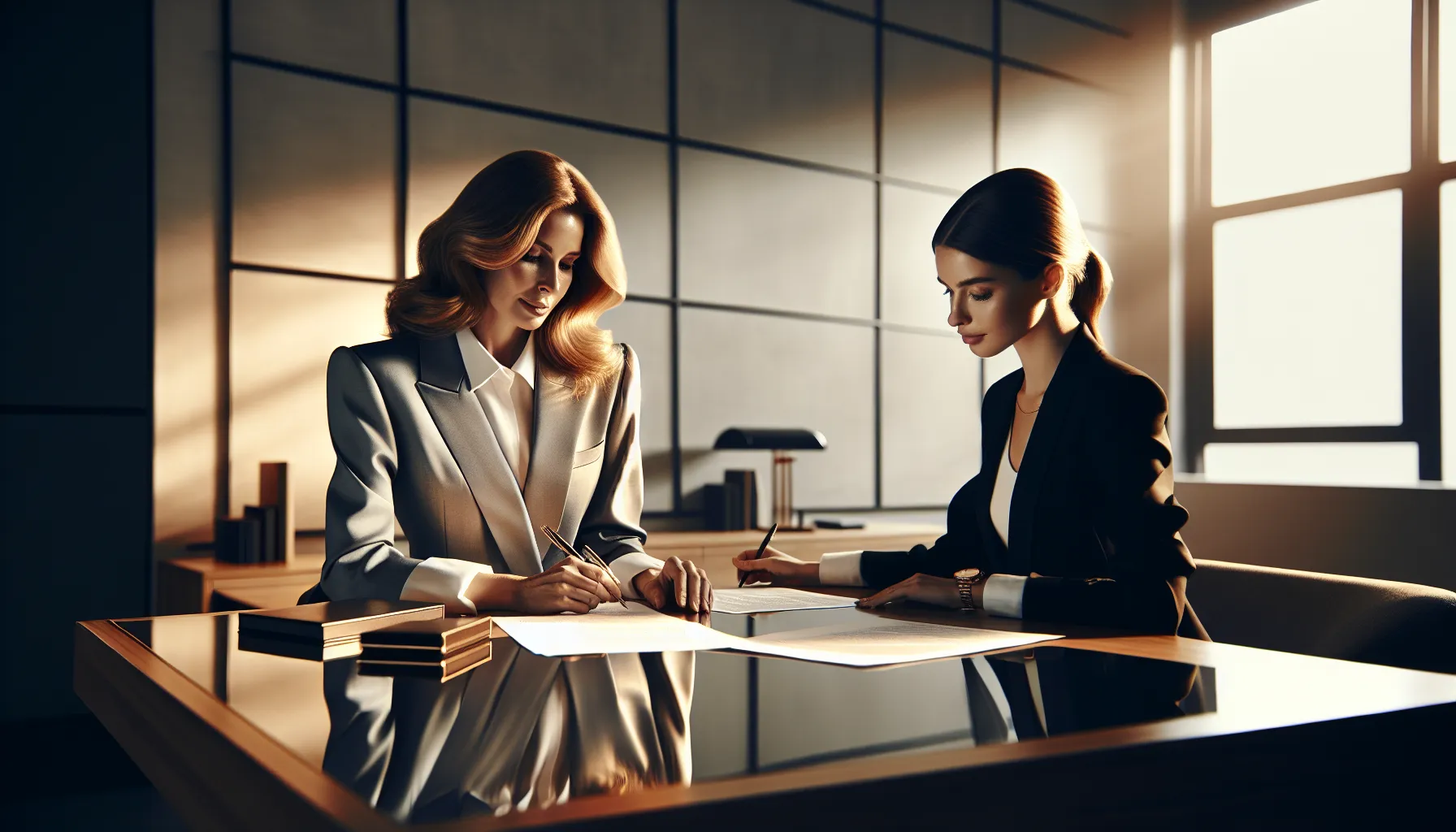 Mother and daughter reviewing legal documents in professional office setting