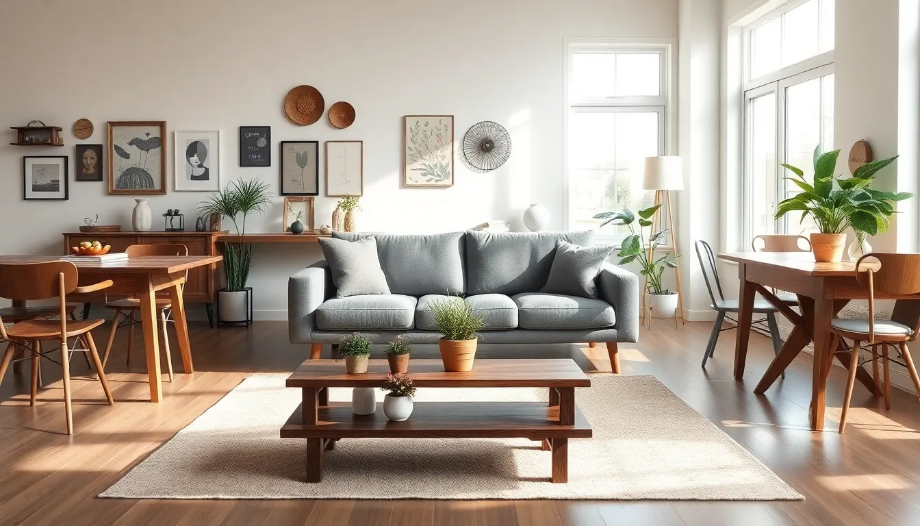 a cozy living room featuring modern and vintage furniture styles.