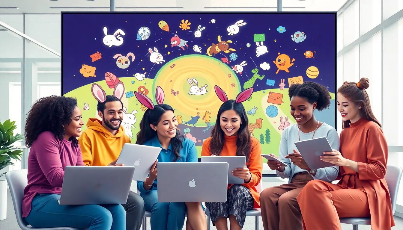 diverse group sharing creative stories in a modern workspace.