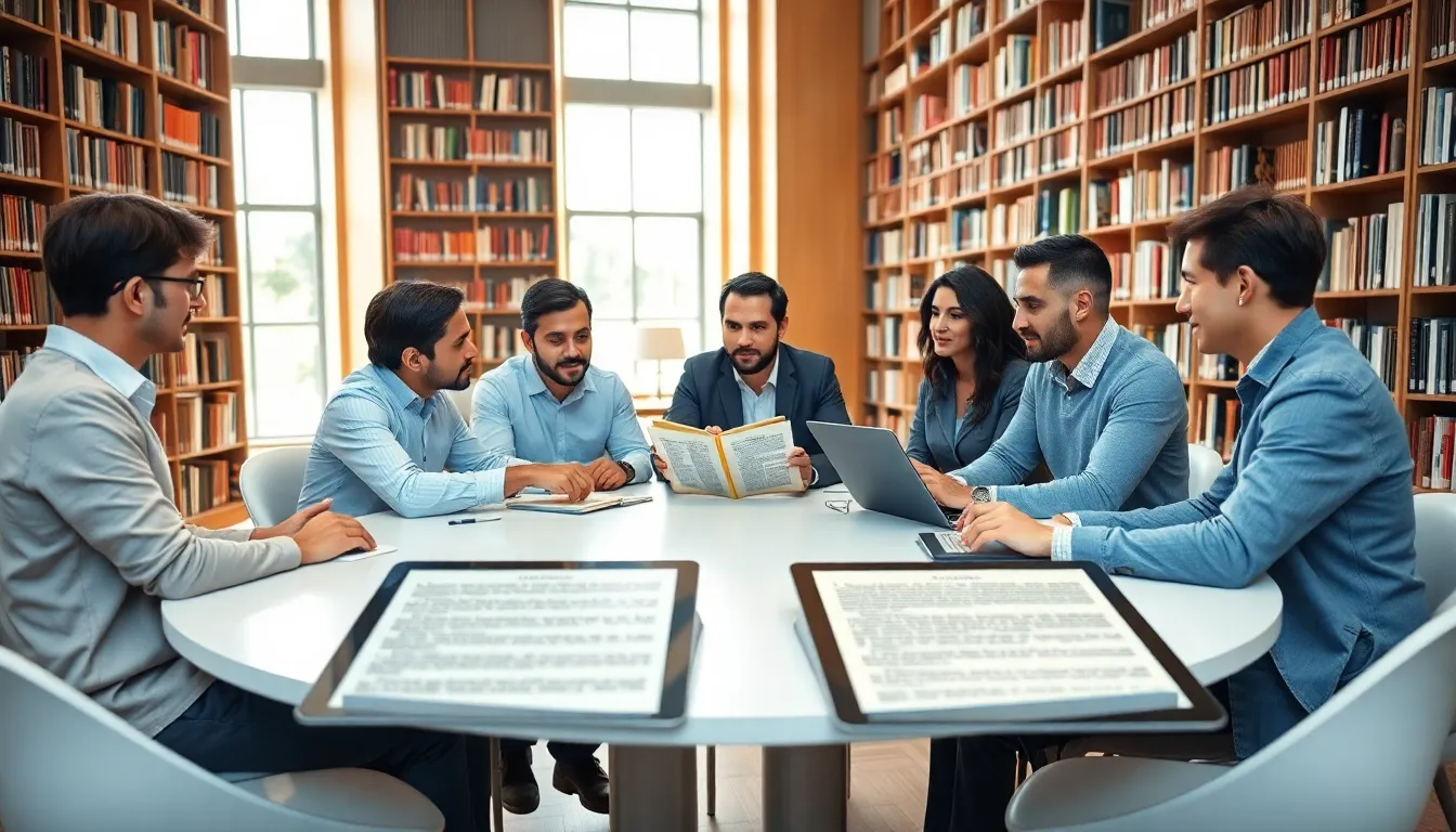 diverse historians discussing ancient manuscripts in a modern library.