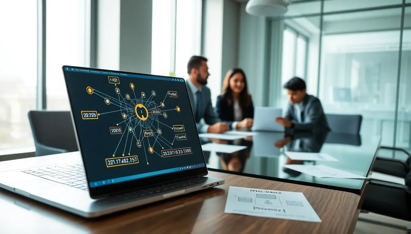 professionals analyzing IP addresses in a modern office setting.