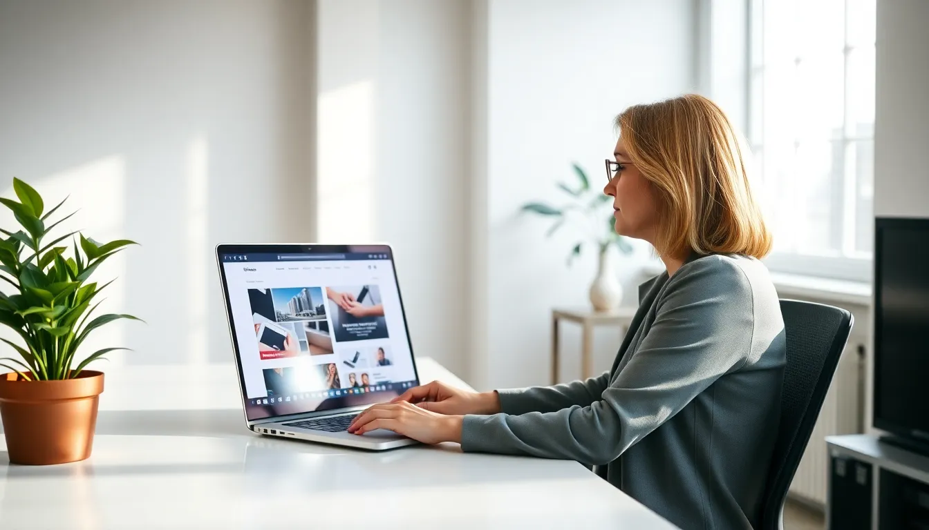 a web designer reviewing responsive layouts on her laptop in a modern office.