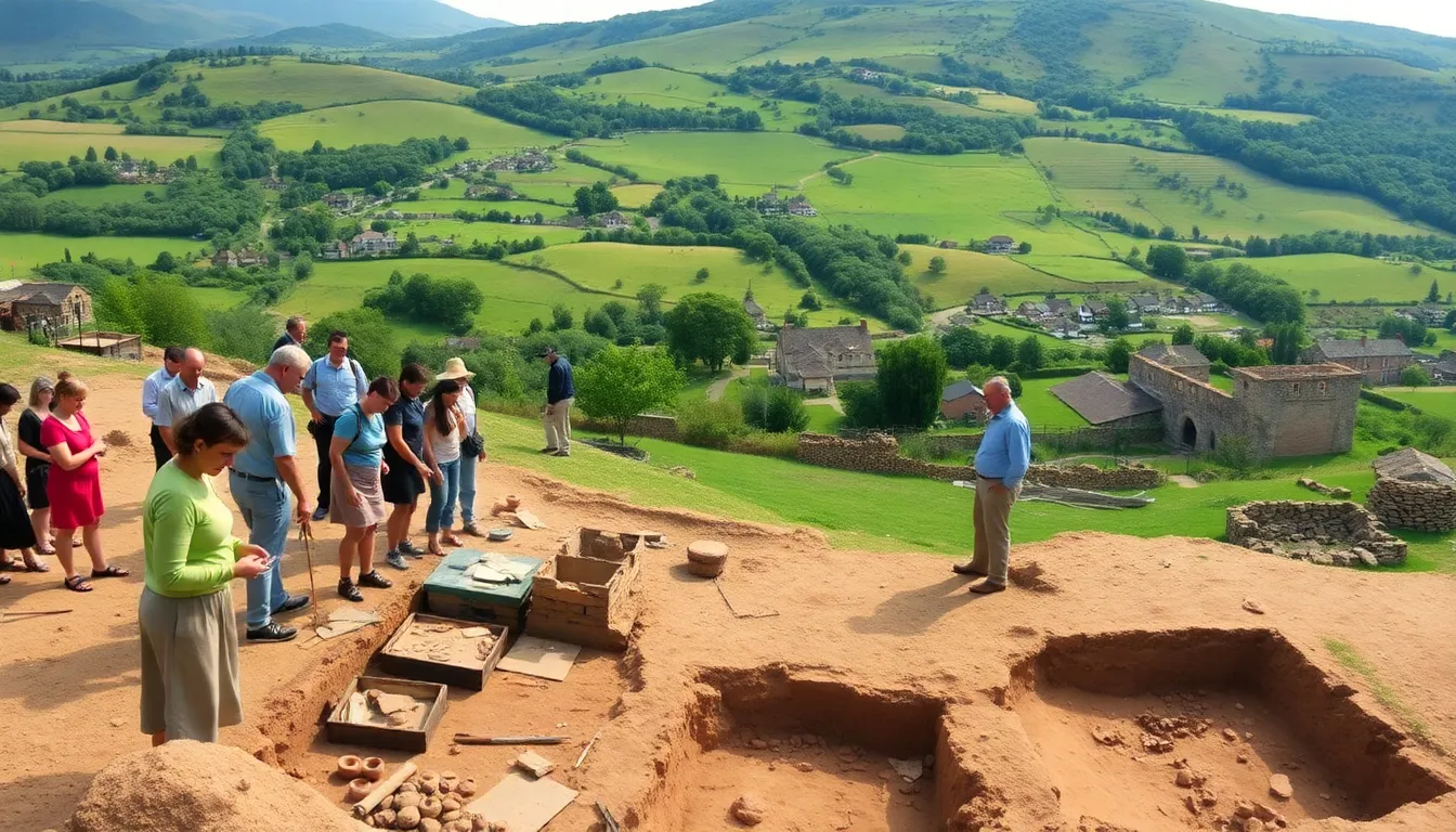archaeologists examining artifacts in a lush landscape of Mourrdale.