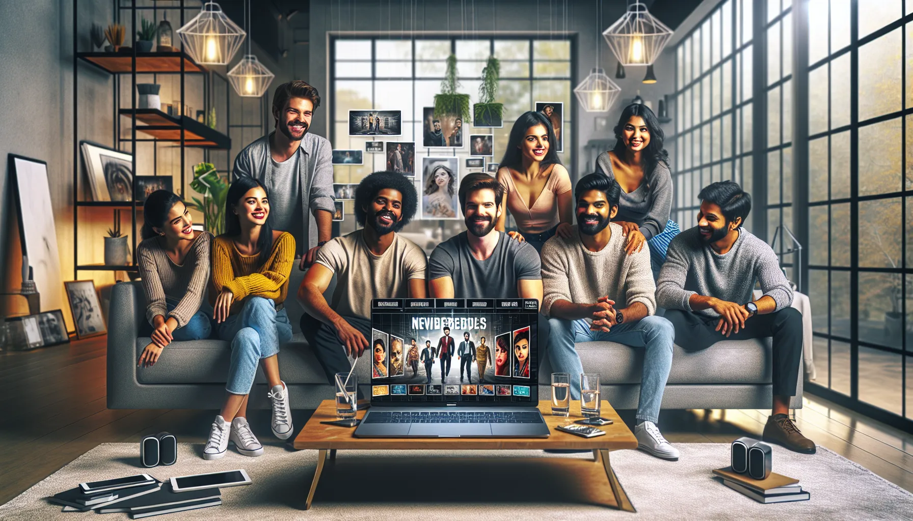 Group of friends enjoying Telugu movies on a laptop in a cozy setting.