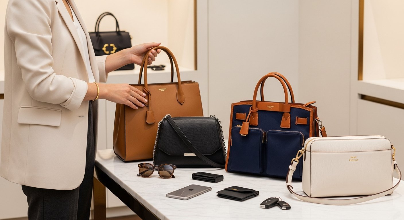 Luxury designer handbags displayed in a modern boutique with a woman examining one.