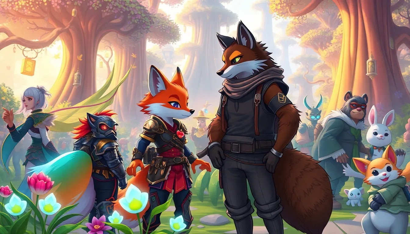 diverse anthropomorphic characters in a fantasy online game.