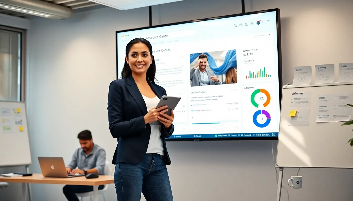 Product manager pointing to a resource center dashboard in a modern office.