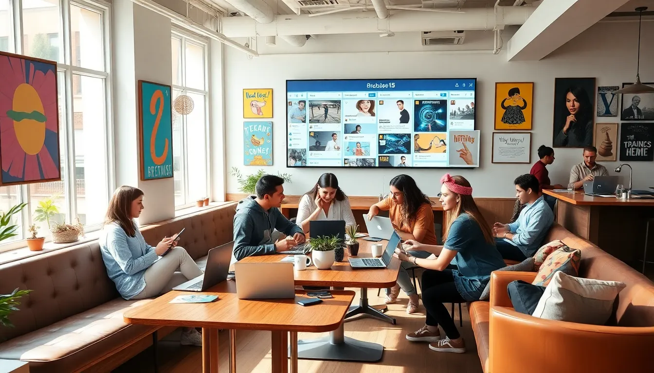 diverse group collaborating in a lively digital café setting.