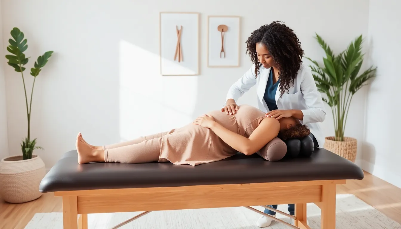 Expectant mother receiving gentle chiropractic care in a calm environment.