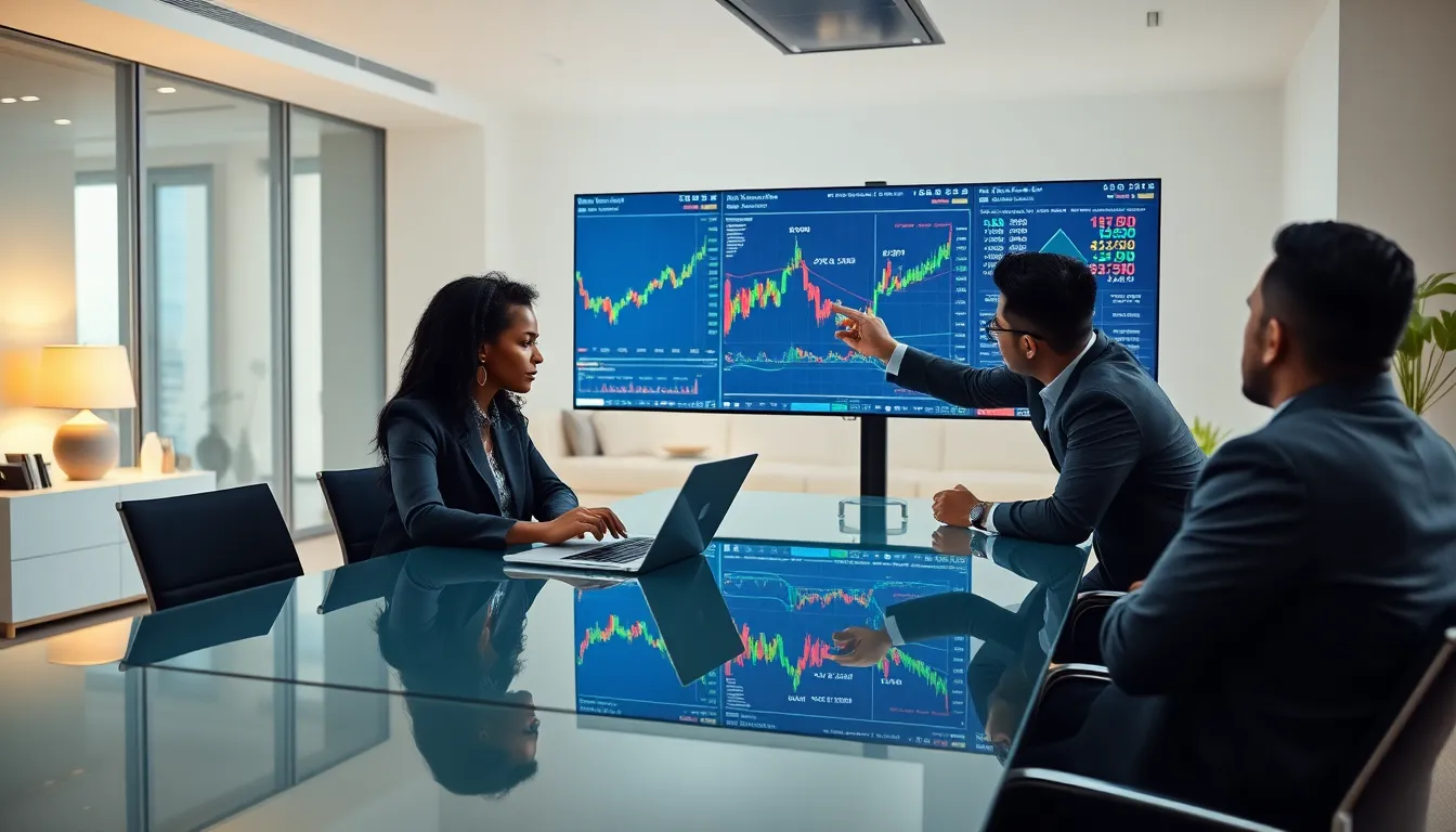 diverse professionals trading cryptocurrencies in a modern office.