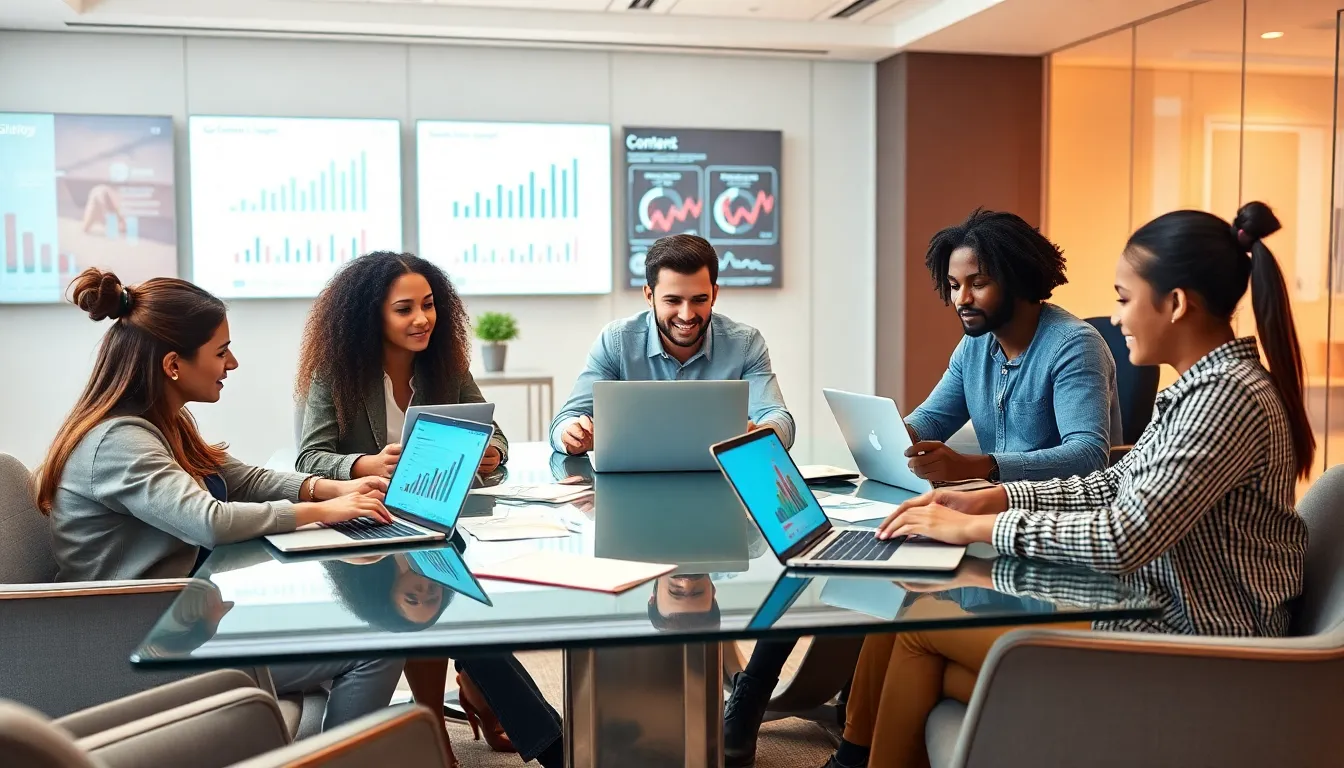 diverse team collaborating on digital content in a modern workspace.