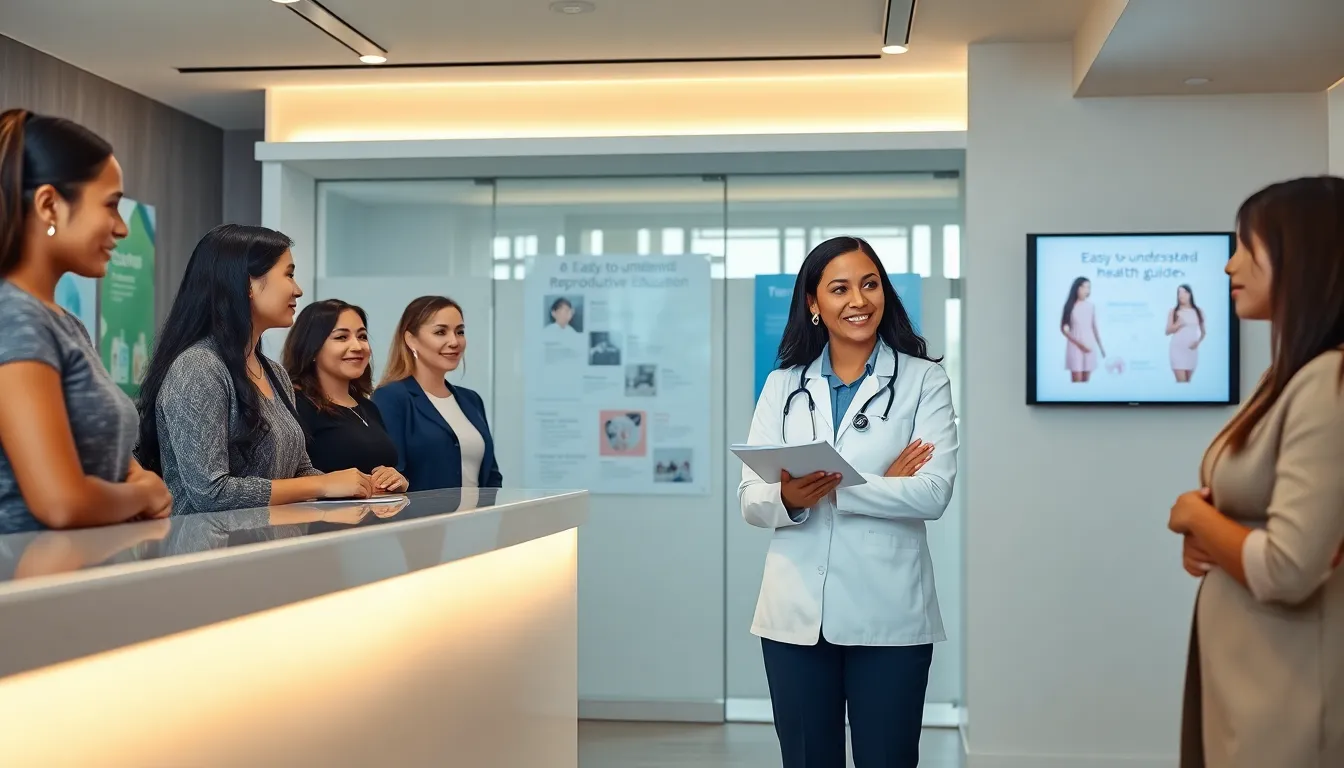 women discussing health options in a modern clinic setting.