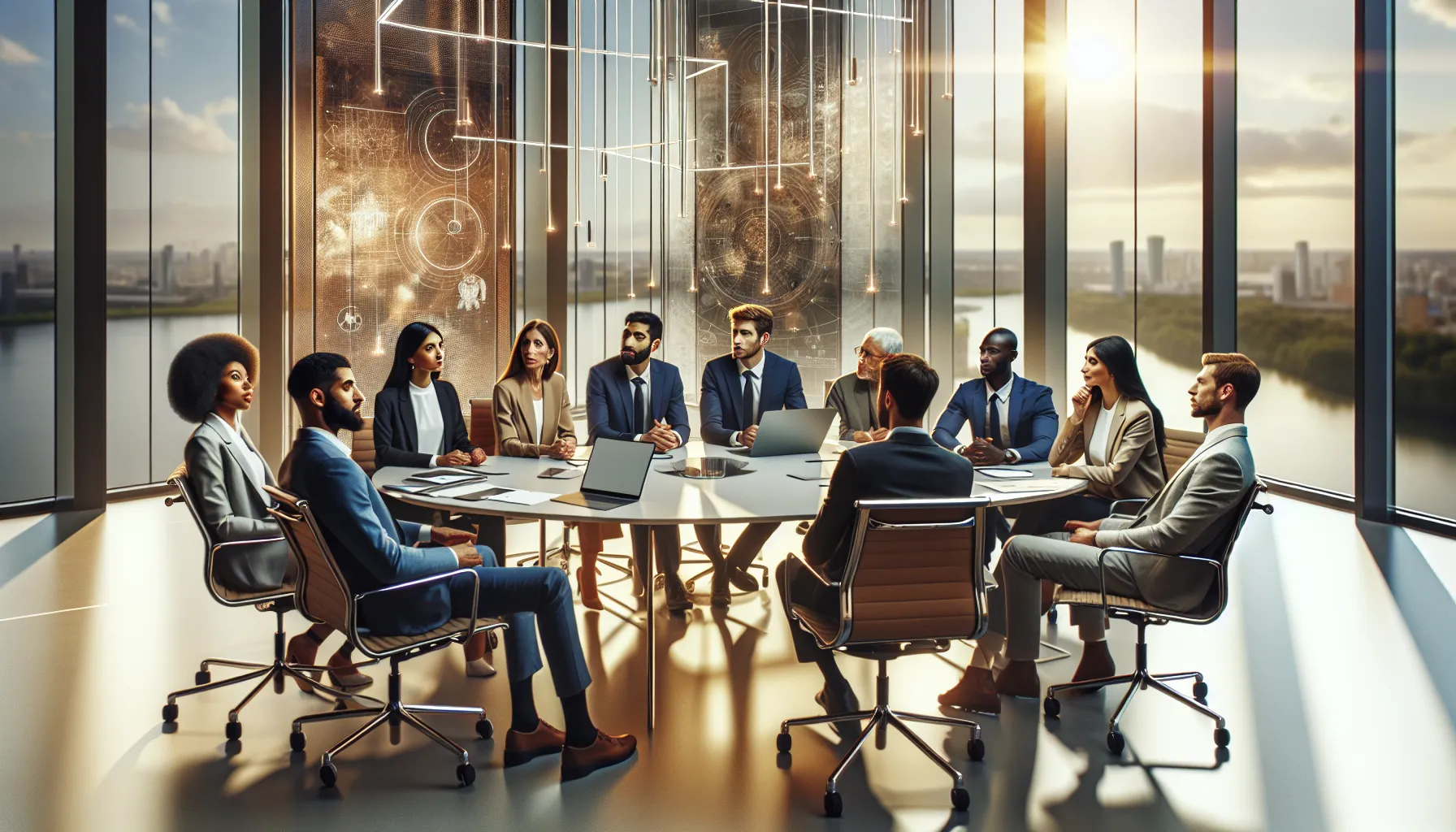 diverse professionals discussing the concept of antatvsna in a modern office.