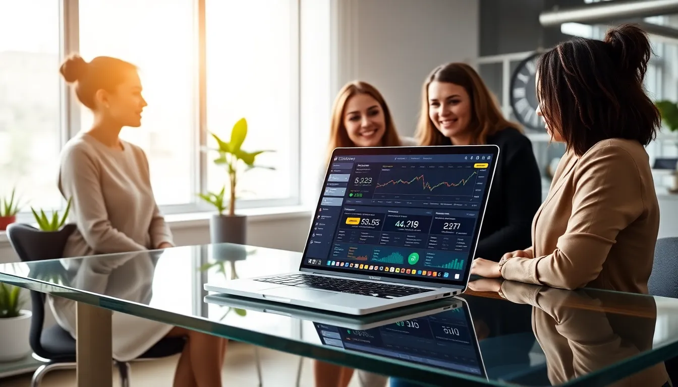 professionals discussing cryptocurrency trading at a modern office desk.