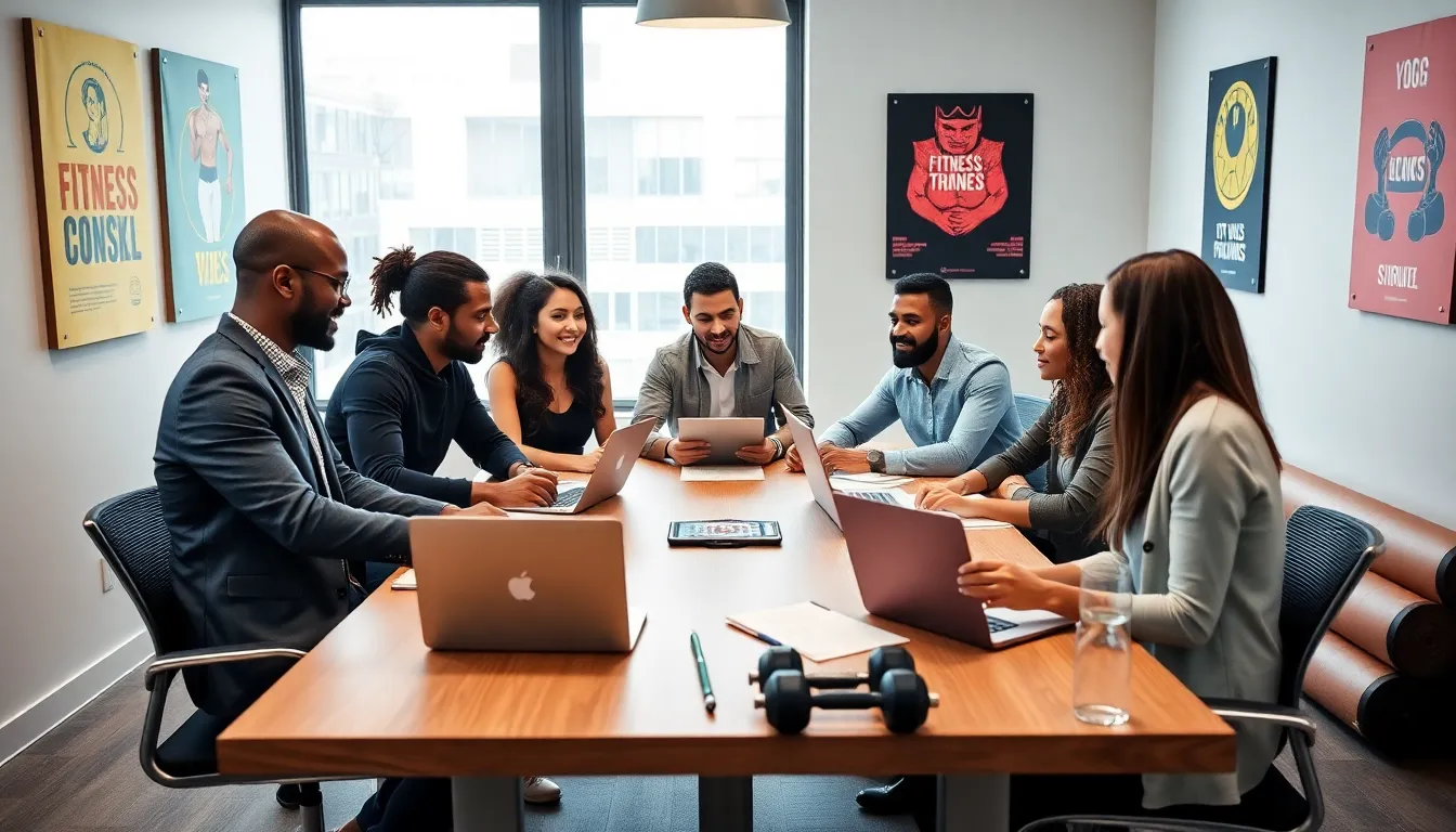 diverse fitness sales team collaborating in a bright, modern office setting.