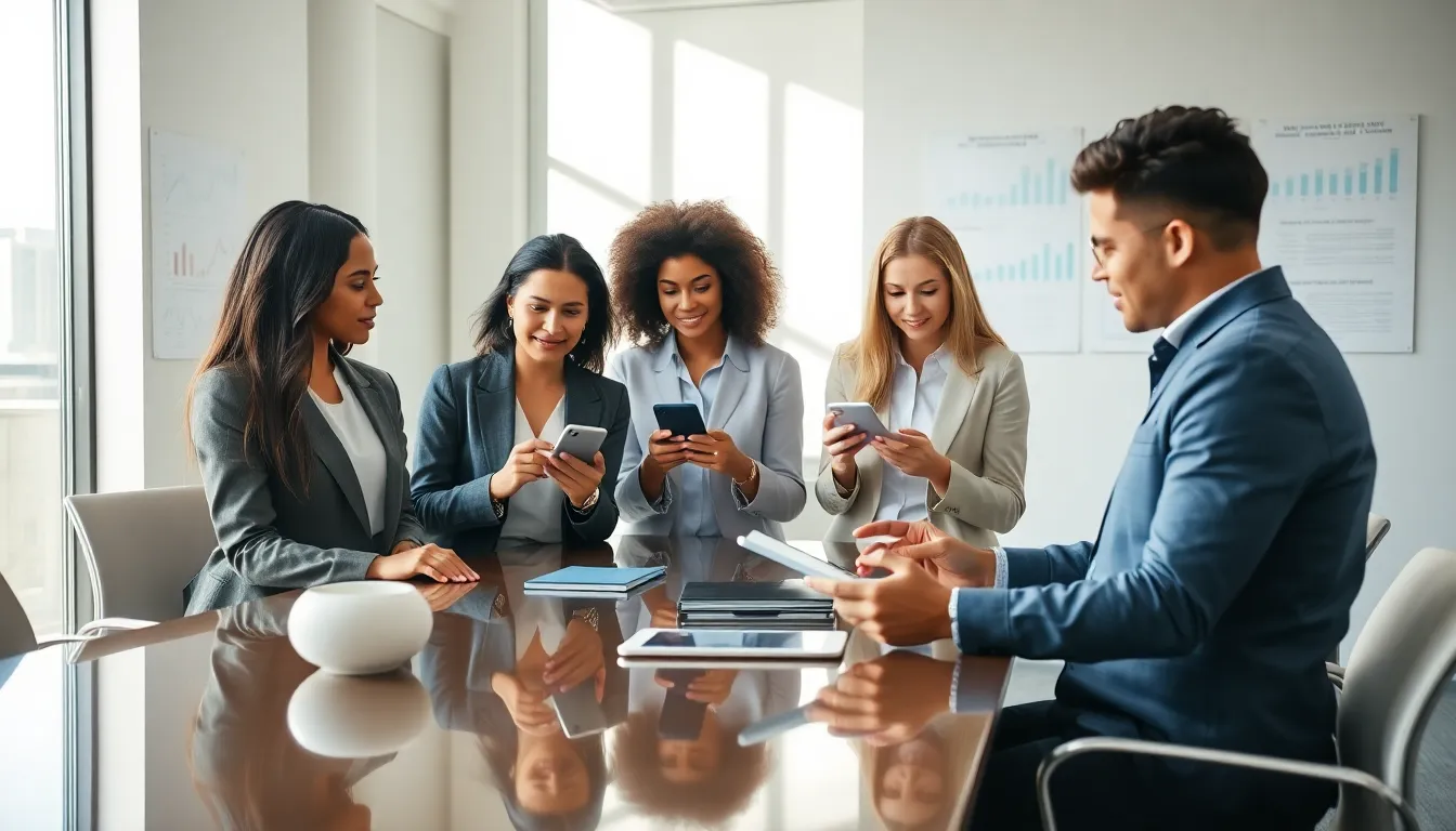 diverse professionals using mobile payroll apps in a modern office.