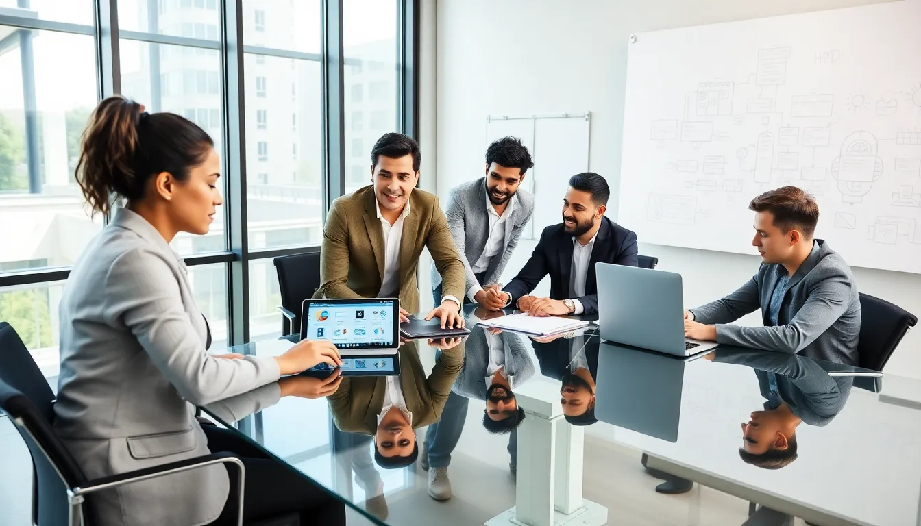 team collaborating on mobile app development in a modern office.