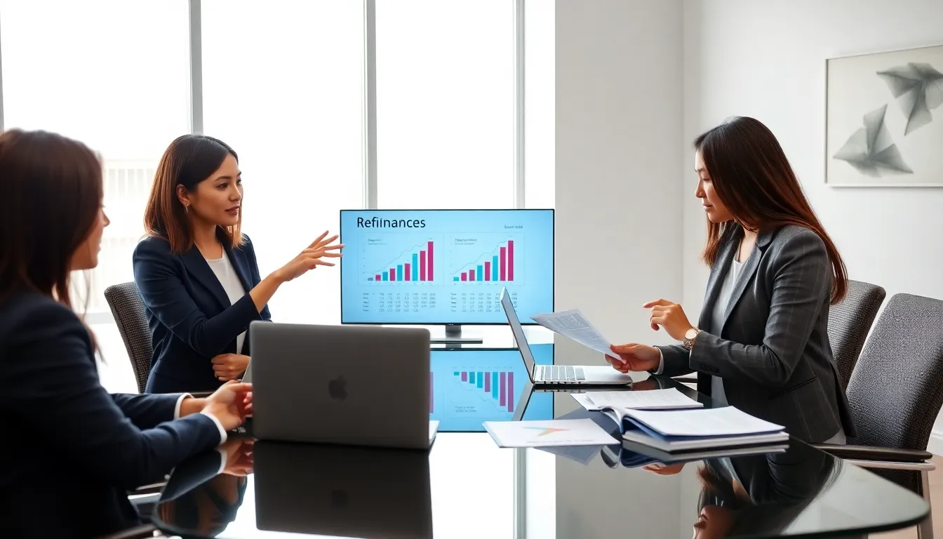 diverse finance team discussing investment property refinancing.
