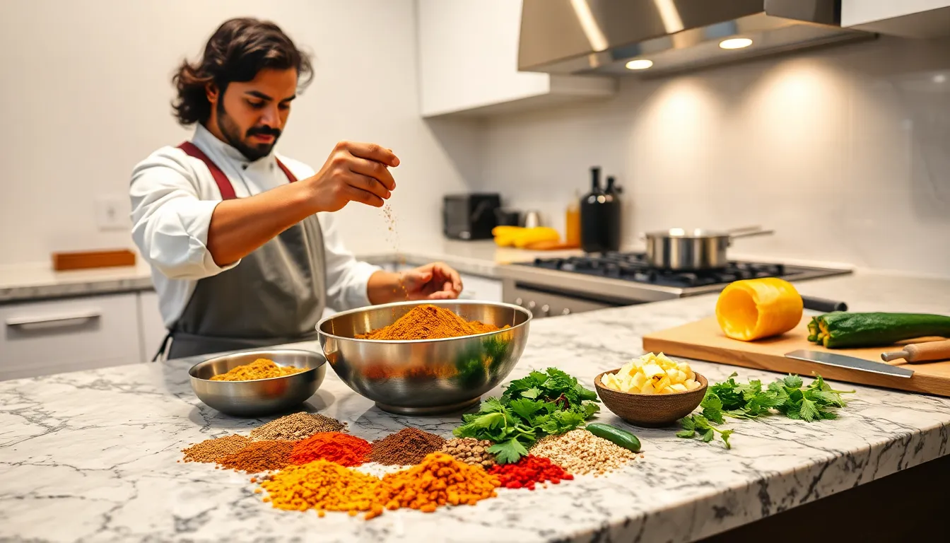 chef preparing Indian spices in a modern kitchen.
