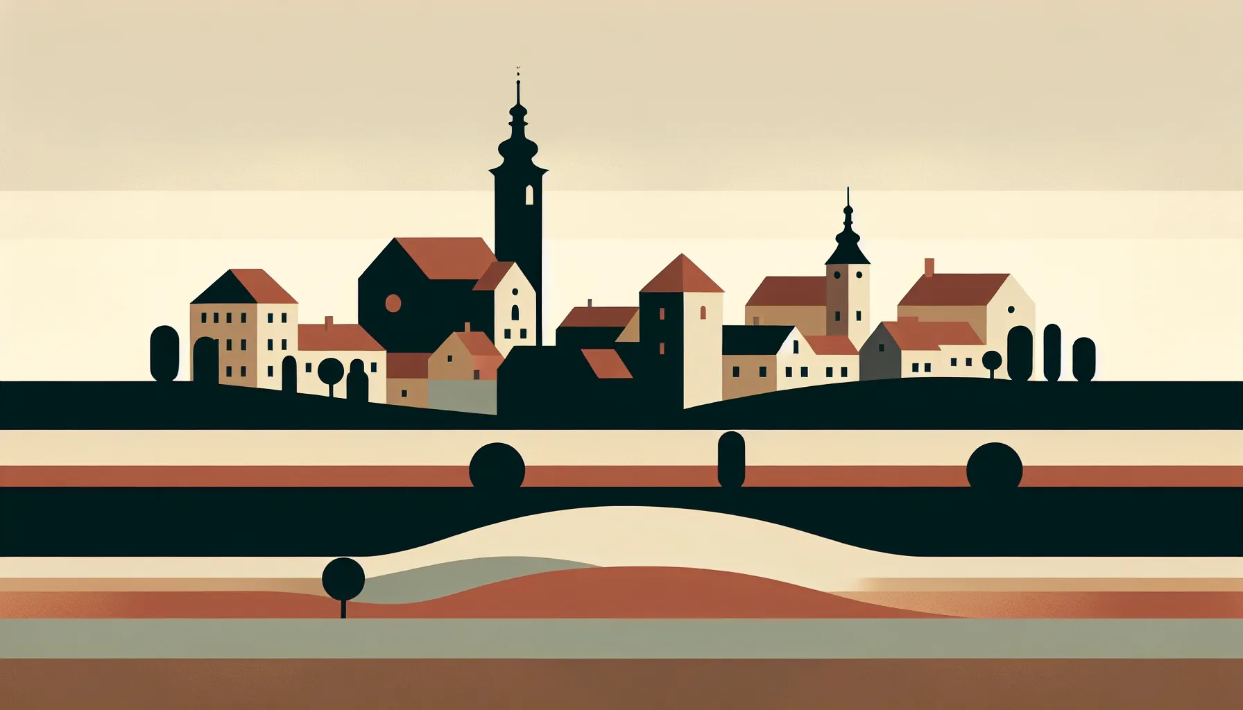 Small Croatian town silhouette with traditional architecture and rural landscape