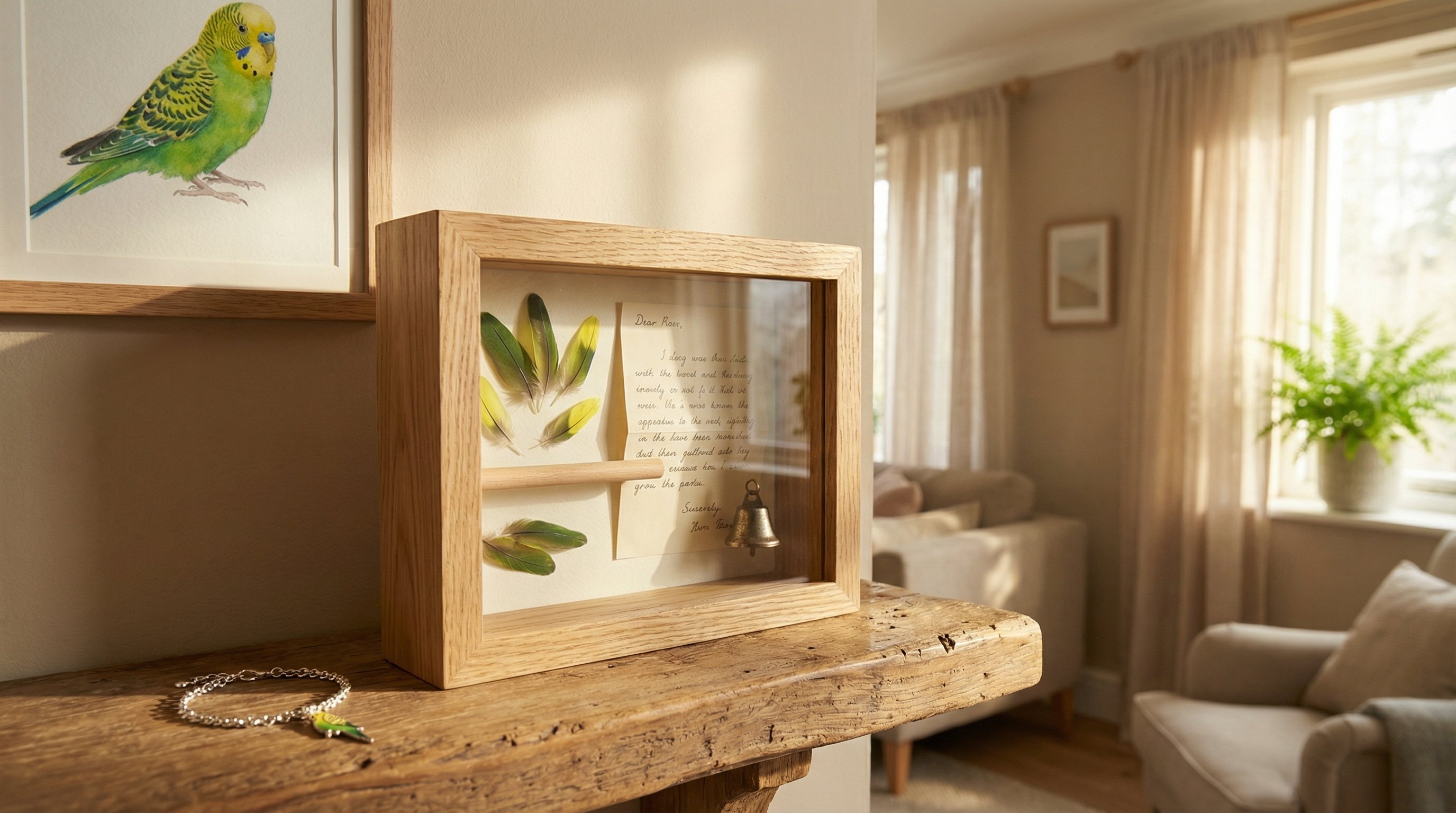 Shadow box with bird feathers and toys beside a framed bird portrait on a shelf.