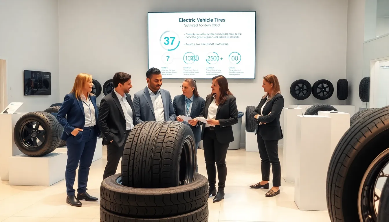 diverse professionals discussing electric vehicle tire specifications in a modern showroom.