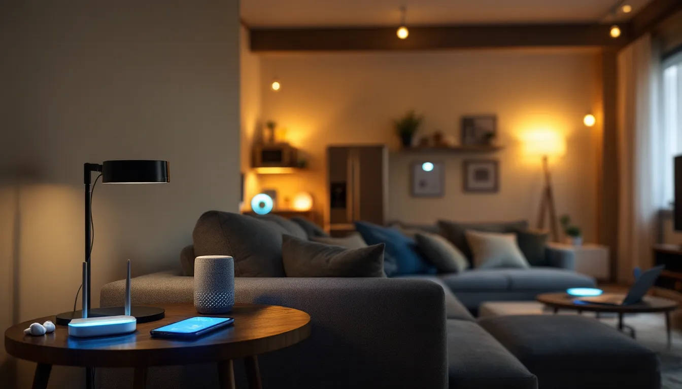 American living room filled with Wi-Fi router, phone, laptop, and smart home devices.