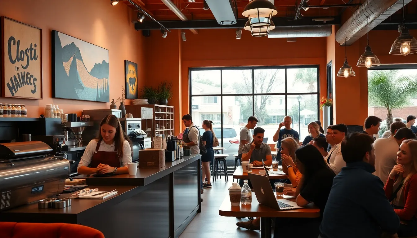 diverse patrons enjoying coffee in a cozy Gainesville caf&eacute;.
