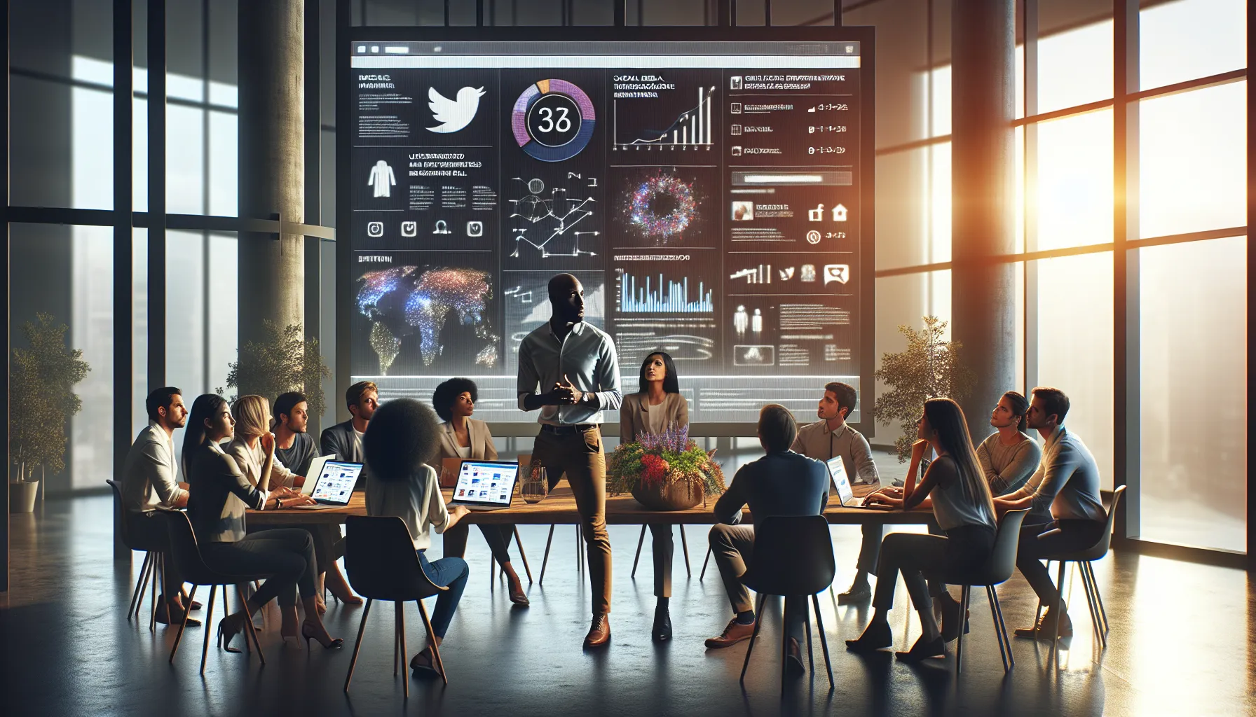 diverse team brainstorming in a modern office about social media engagement.