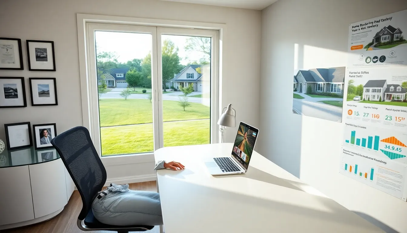 A woman using a touchscreen in a bright home office, showcasing real estate technology.