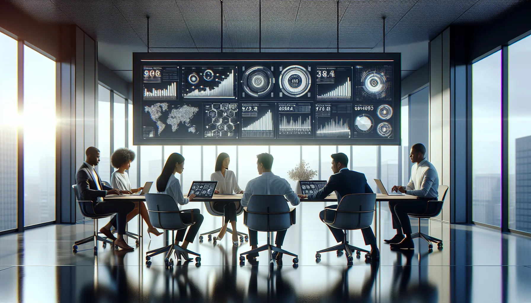 diverse team analyzing data in a modern office setting.