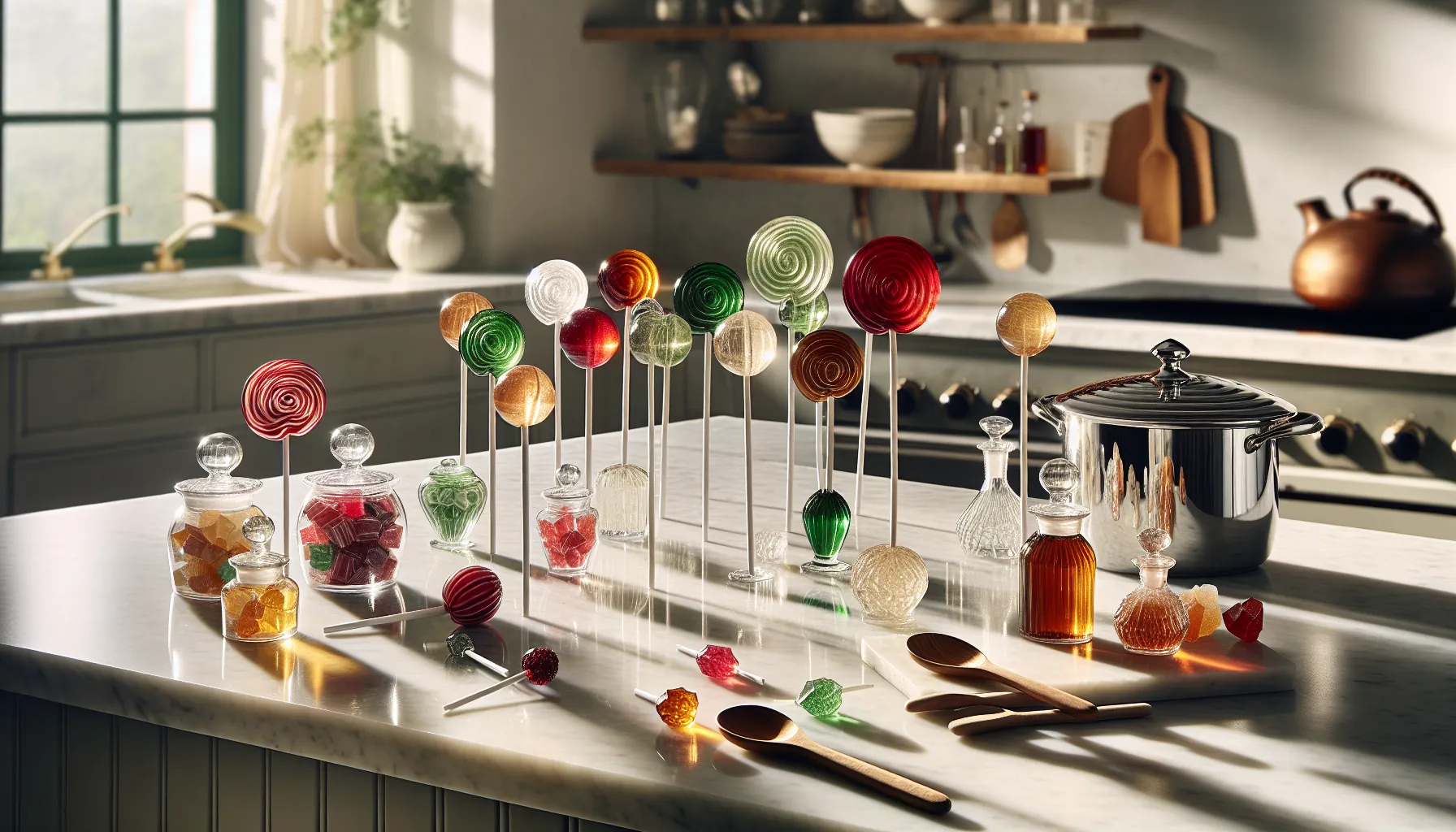 Colorful handmade hard candy lollipops arranged on marble kitchen counter
