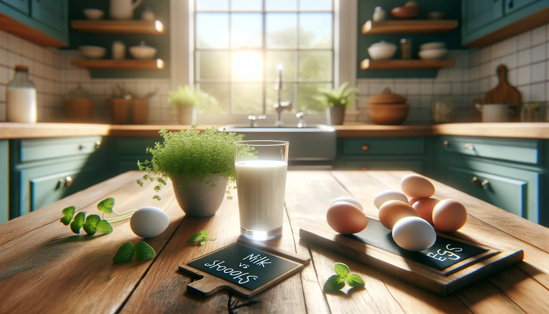 glass of milk and bowl of eggs on a kitchen table.