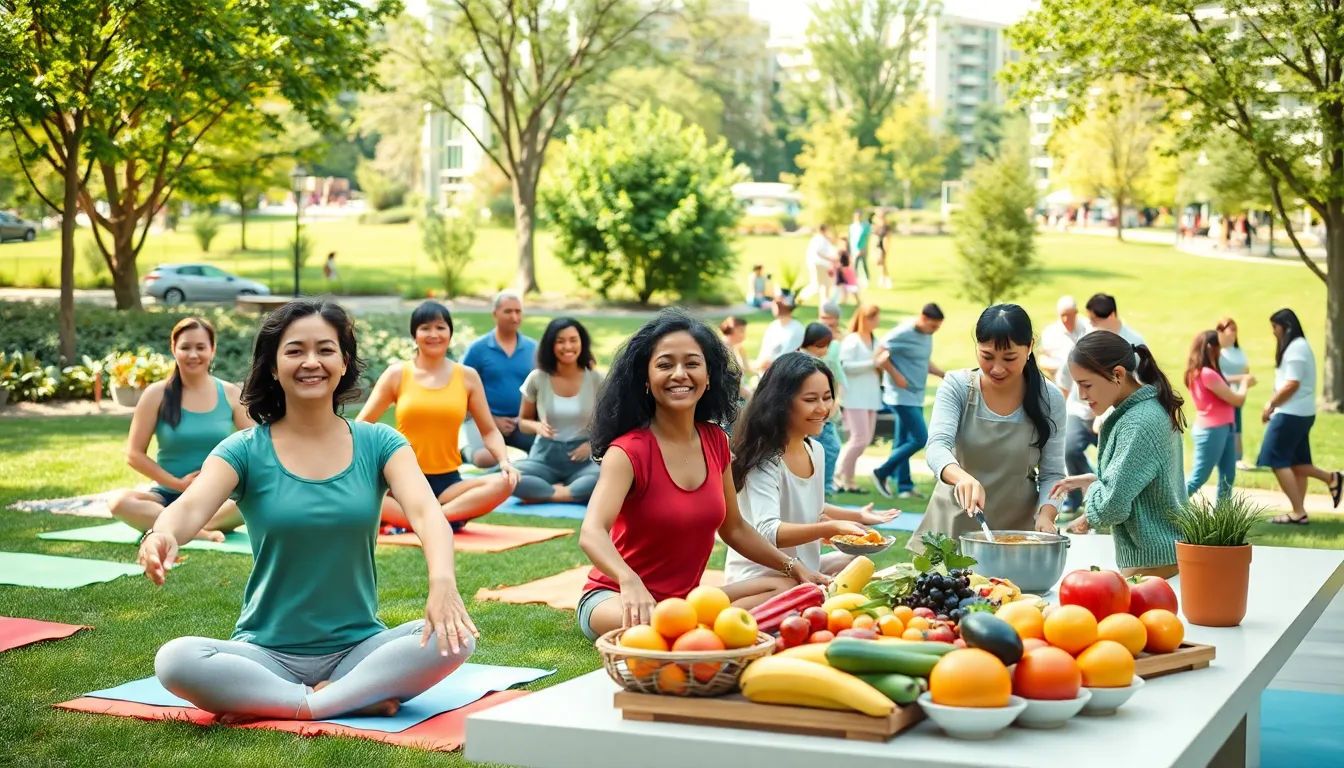 diverse community members participating in wellness activities in a park.