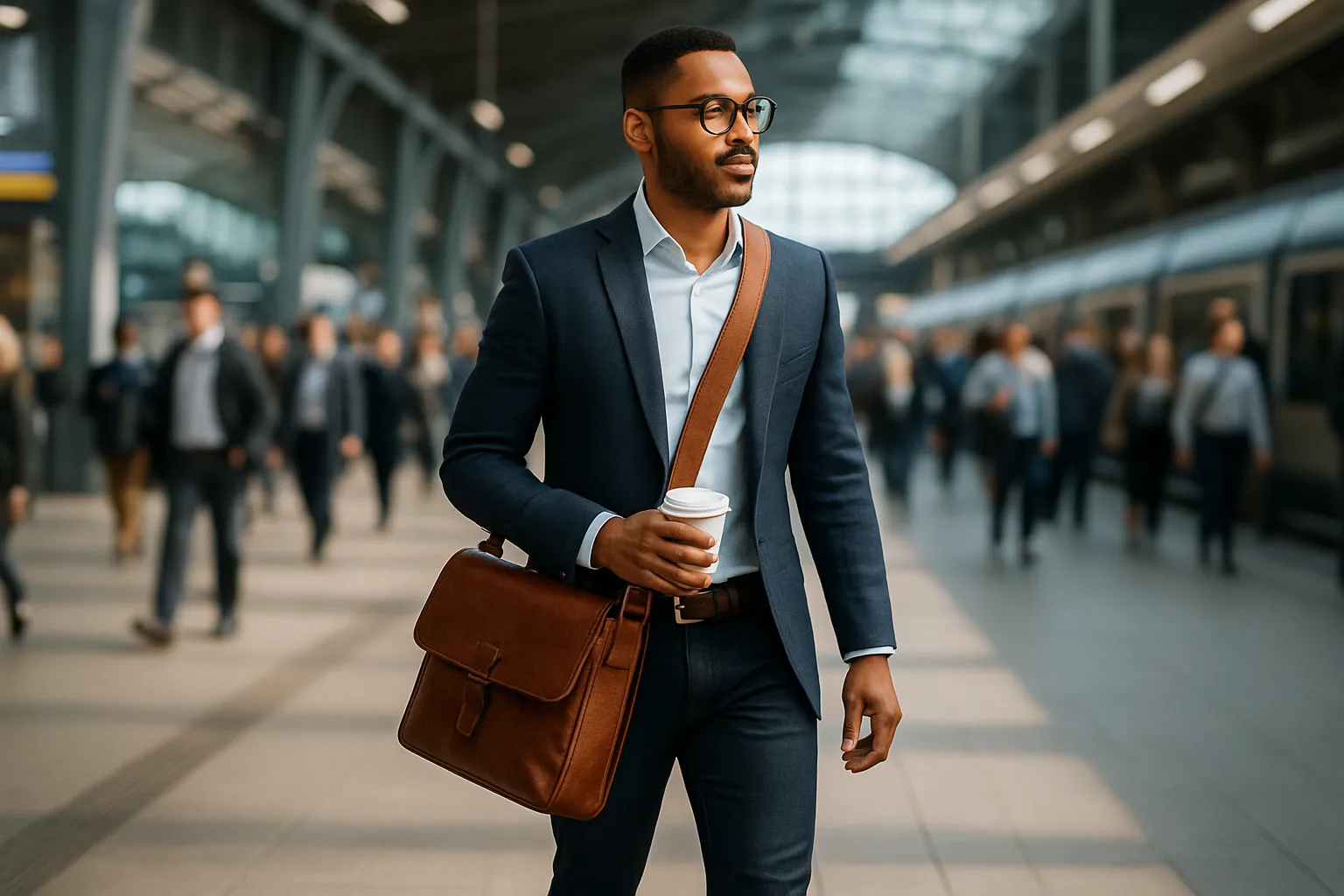 Professional man with a brown leather messenger bag in a busy train station.