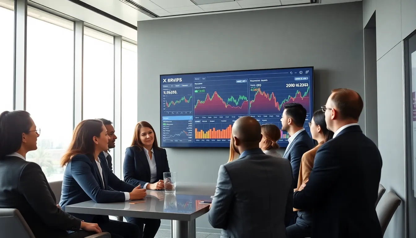 professionals discussing XRP developments in a modern office.