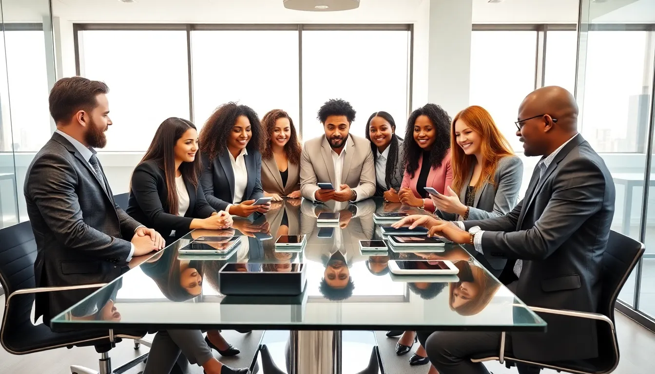 diverse team discussing consumer electronics in a modern office.