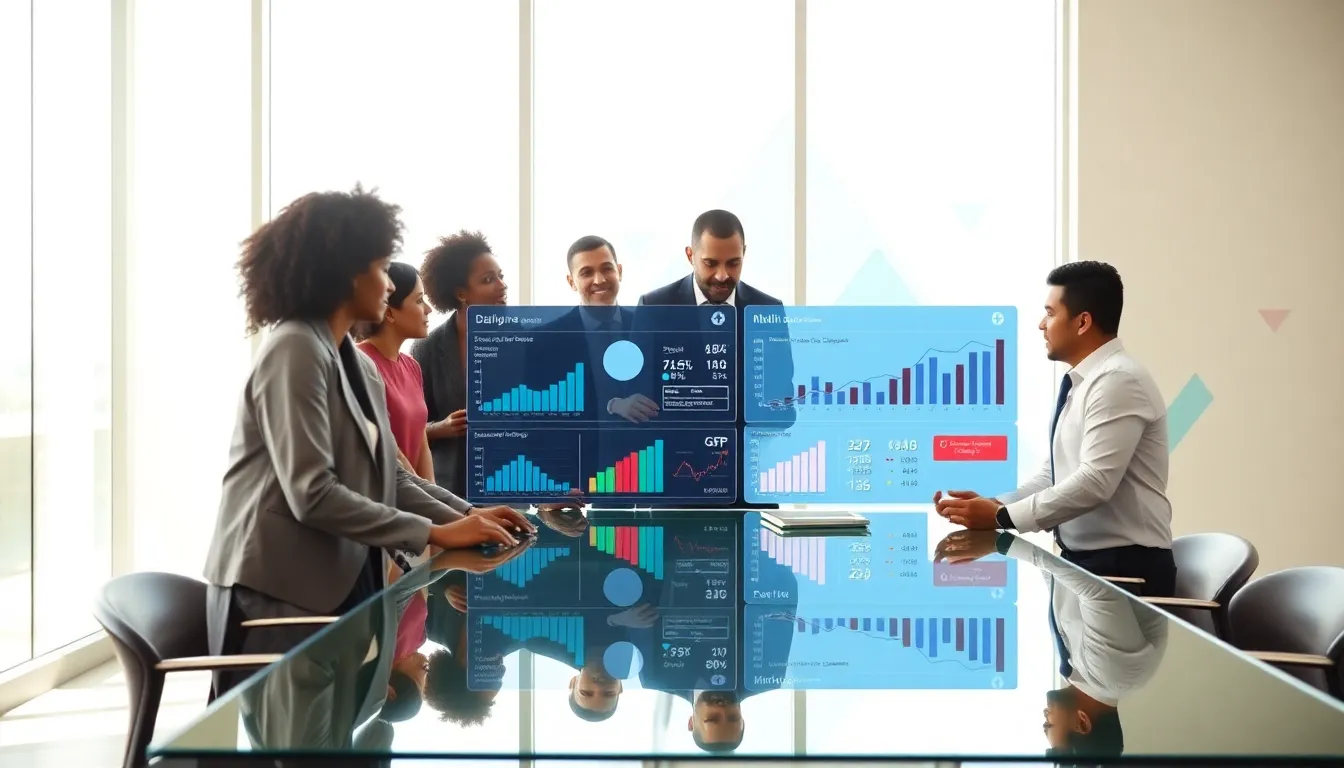 diverse professionals discussing economic trends in a modern office.