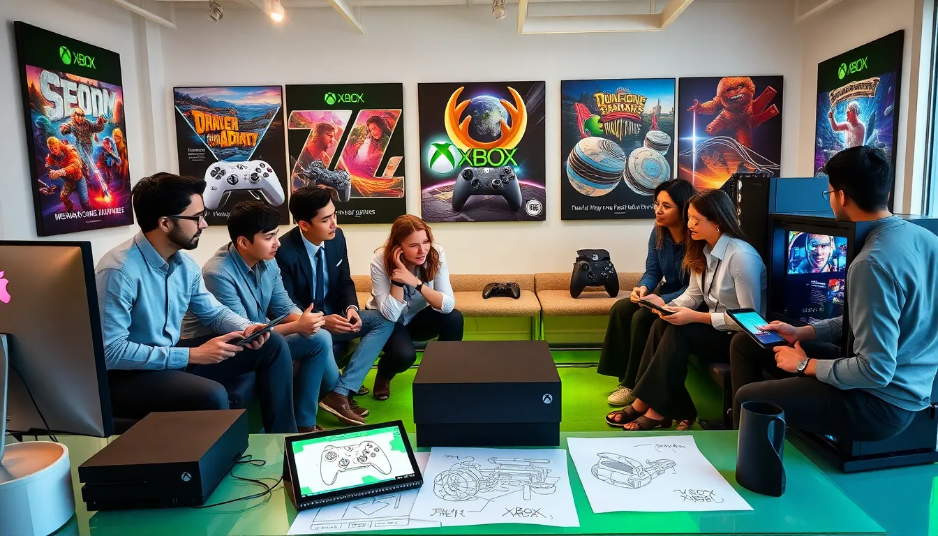 diverse team collaborating in a modern gaming studio.