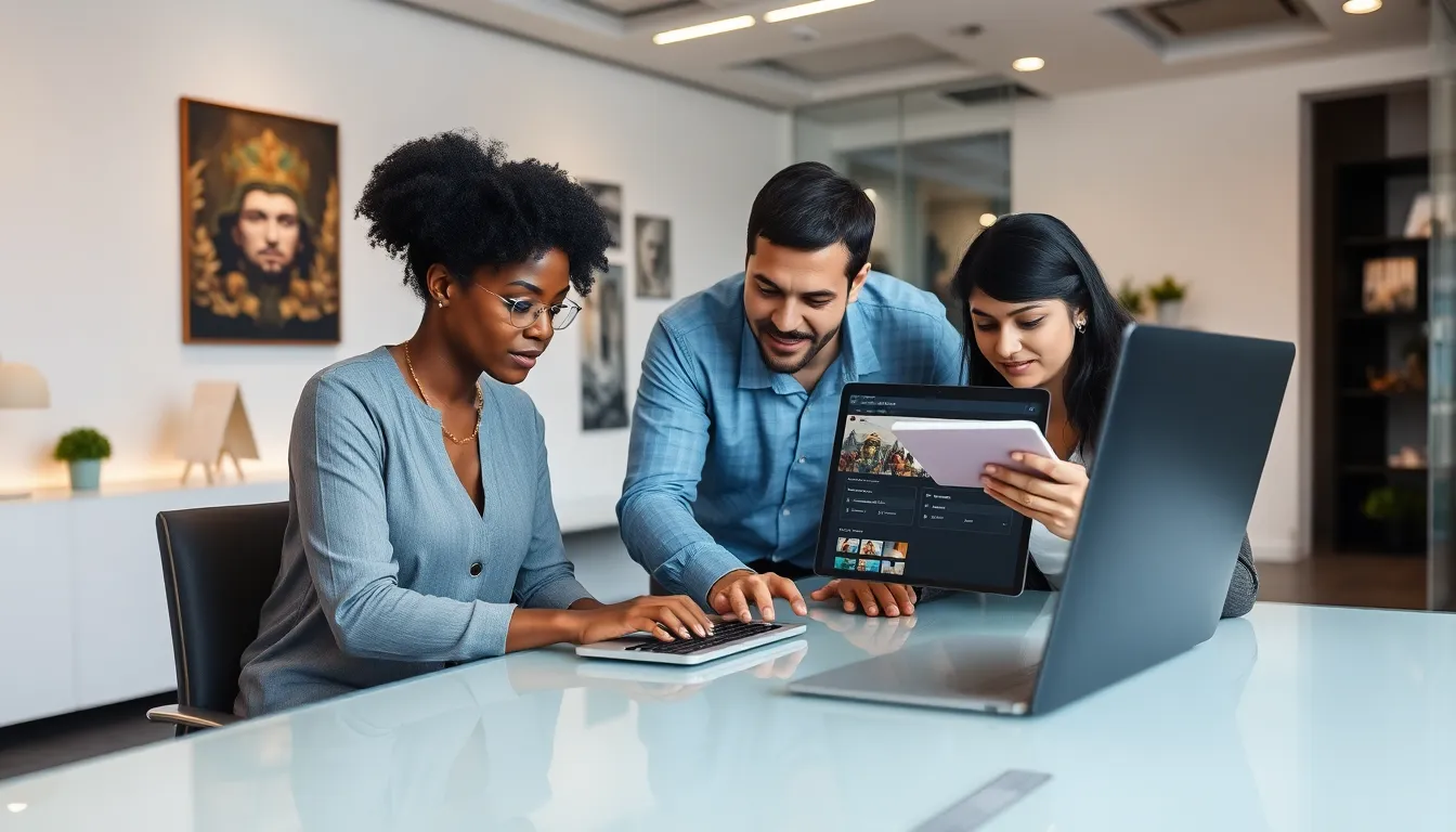 team of professionals collaborating on a character creation tool in an office.