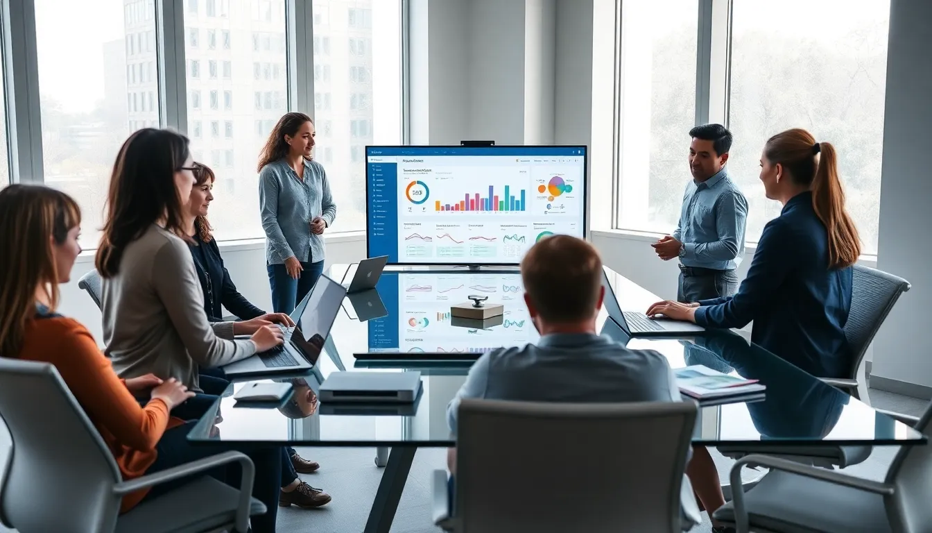 educators collaborating on digital assessment tools in a modern office.