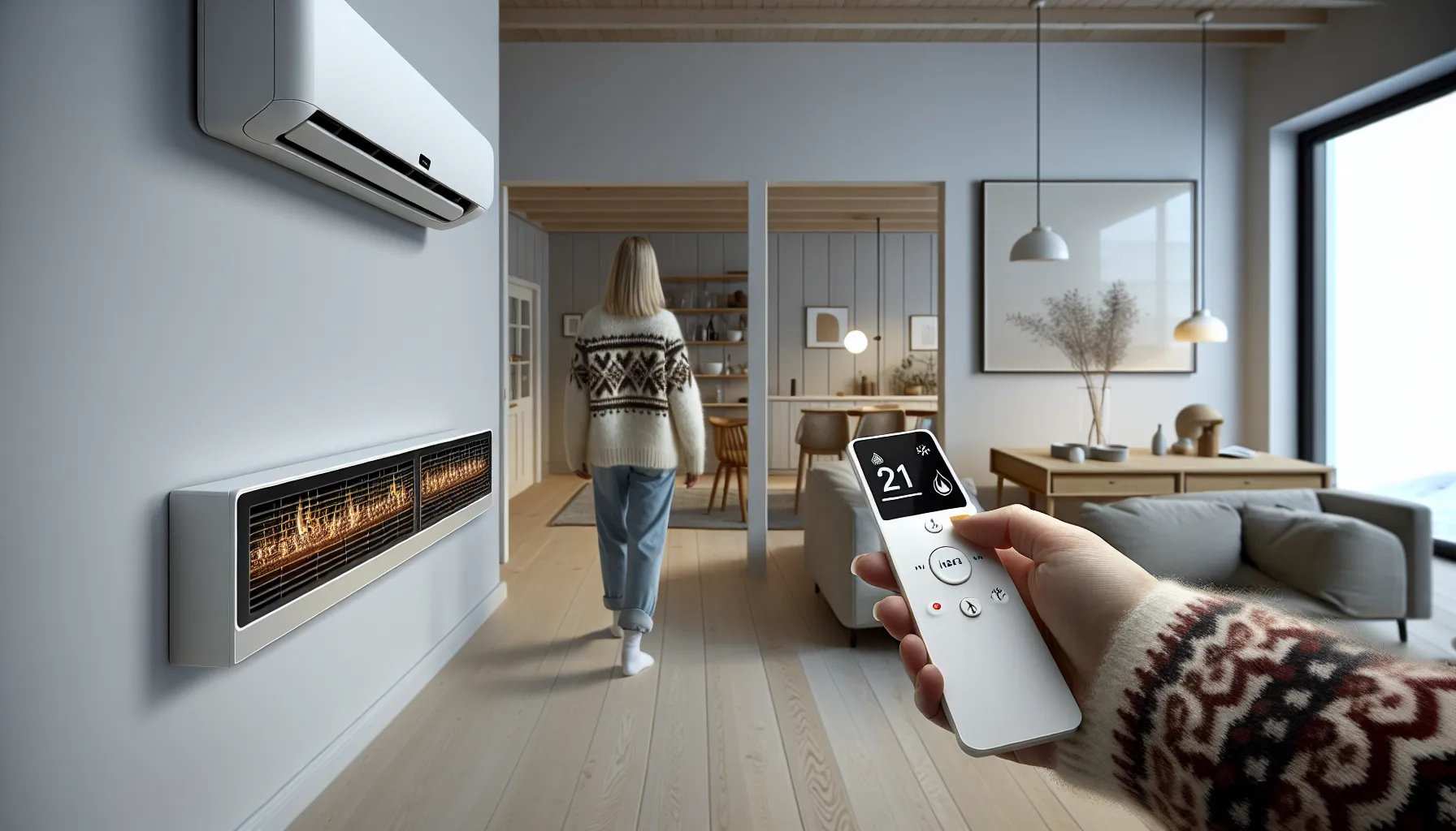 Norwegian homeowner sets heat pump to 21°c, airflow downward, doors open.